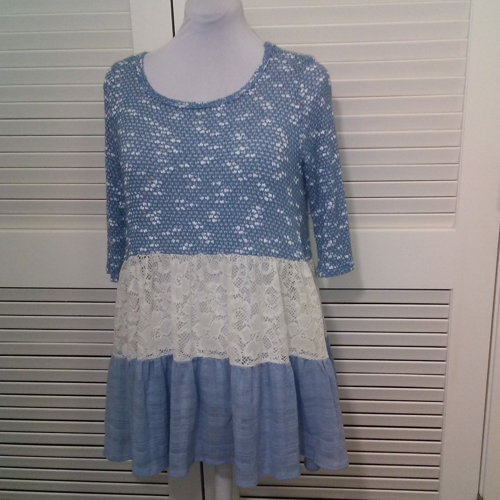 ODDY Sweater Tunic‎ Lace and Chambray Tier Dress Size Small